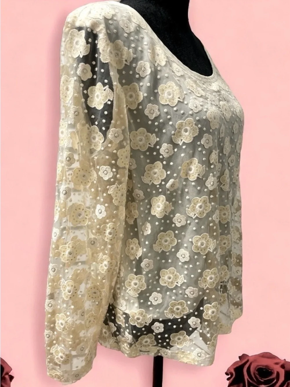 Anthropology Floral Pattern Long Sleeve Beige Blouse Lightweight  lining size M